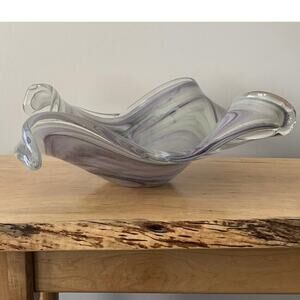 19” Murano Style Handblown Bowl Glass Ribbon Vase Wave Ribbed Purple Green Glass